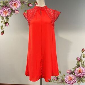 She+Sky Red high neck a-line mini Dress with‎ lace details size small